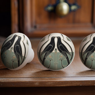 Salbeigrüner Mackintosh-Schwarze Vögel Art Deco De Keramikknauf