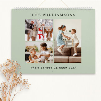 Salbeigrüner moderner Familienfotocollage 2027 Kalender