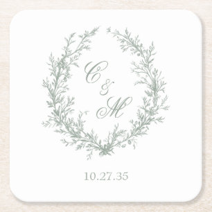 Salbeigrüner Monogramm Botanischer Kranz Hochzeit Rechteckiger Pappuntersetzer