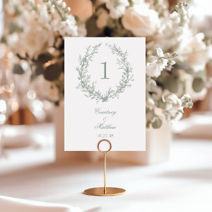 Salbeigrüner Monogramm Botanischer Kranz Hochzeit Tischnummer