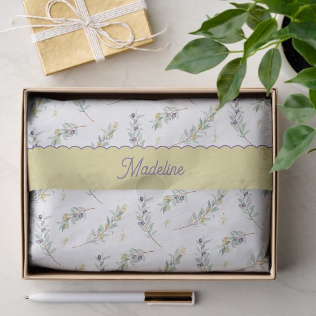 Salbeigrüner Olivenzweig Monogramm Name Seidenpapier (Geschenk)