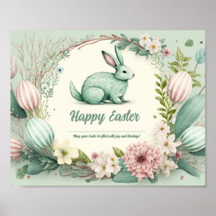 Salbeigrüner Osterhase mit gestreiften Pastell-Eie Poster