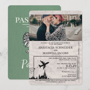 Salbeigrüner polnischer Reisepass Hochzeitseinladu Einladung