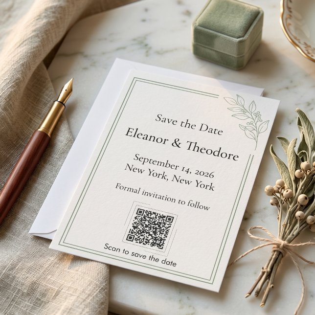 Salbeigrüner Quiet Luxury QR-Code Save-the-Date-Ka Save The Date (Sage Green Quiet Luxury QR Code Save the Date
)