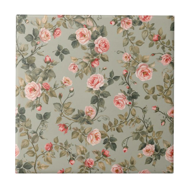 Salbeigrüner Retro-Maximalist-Floral Fliese (Vorderseite)