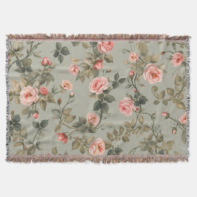 Salbeigrüner Retro-Maximalistischer Blumenstil Decke (Vorderseite)