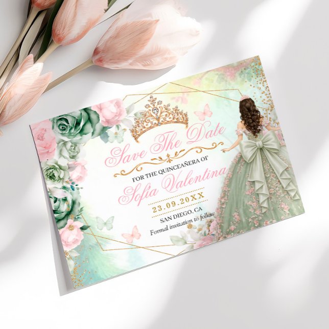 Salbeigrüner Rosafarben Blütiger Quinceanera Save The Date (Von Creator hochgeladen)