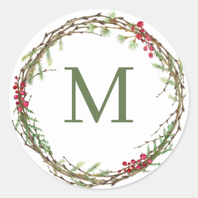 Salbeigrüner Rustikal-Weihnachtskranz-Monogramm Runder Aufkleber (Vorderseite)
