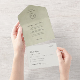 Salbeigrüner Samt, Lorbeerkranz Hochzeit All In One Einladung