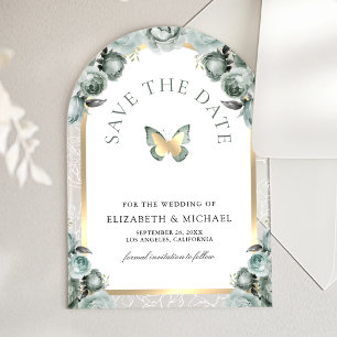 Salbeigrüner Schmetterling Hochzeit Save-the-Date Acryleinladungen