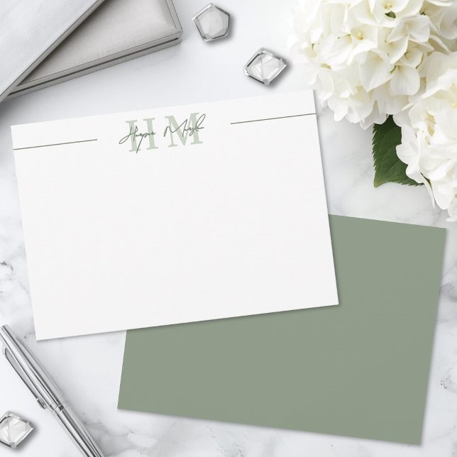 Salbeigrüner Schriftname Monogramm Mitteilungskarte (Sage Green Script Name Monogram Note Card)