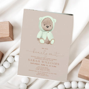 Salbeigrüner Teddybär Minimalistische Babyparty Einladung