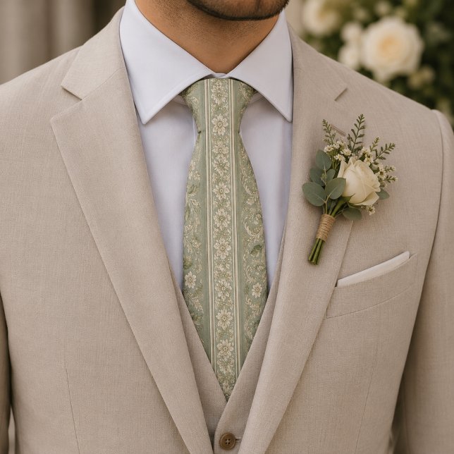 Salbeigrüner Vintage-Botanik-Jacquard Krawatte (Von Creator hochgeladen)
