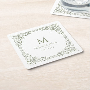 Salbeigrüner Vintage-Rahmen Elegantes Hochzeitsmon Rechteckiger Pappuntersetzer