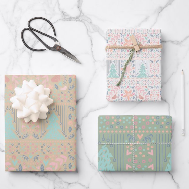 Salbeigrüner weicher neutraler Weihnachtsbaum Geschenkpapier Set (Vorderseite)