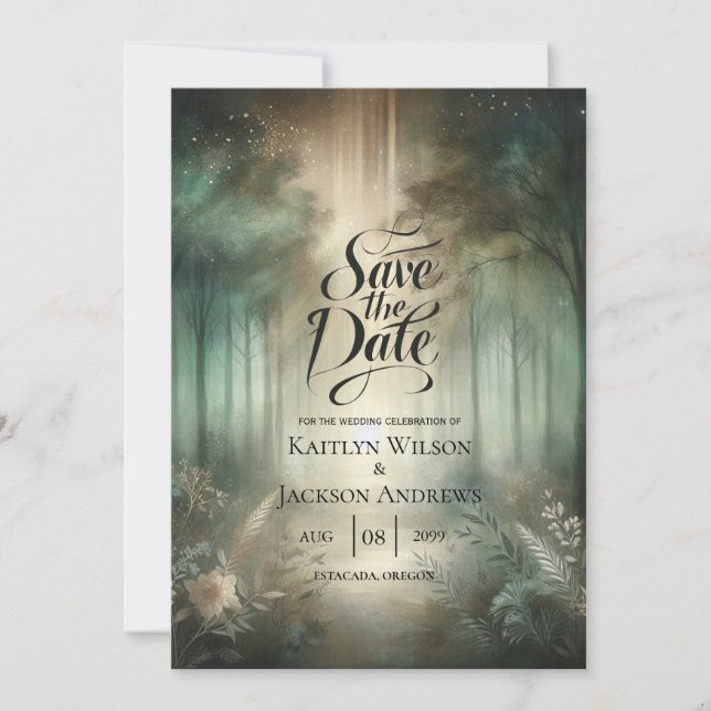 Salbeigrüner Zauberwald-Radiance Save The Date (Vorderseite)