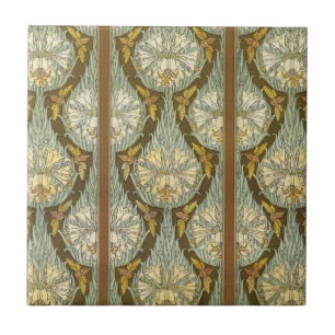 Salbeigrünes Art Nouveau-Lilien-Insektenmuster Fliese