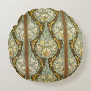 Salbeigrünes Art Nouveau-Lilien-Insektenmuster Rundes Kissen