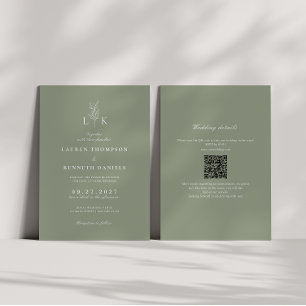 Salbeigrünes Blatt-Monogramm-QR-Code-Hochzeit Einladung