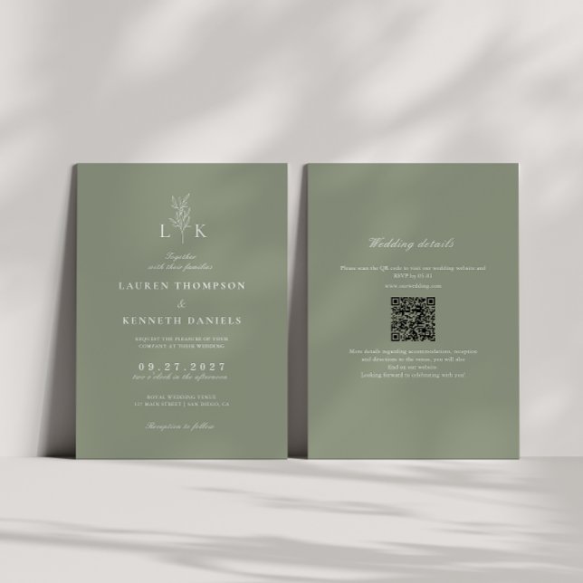 Salbeigrünes Blatt-Monogramm-QR-Code-Hochzeit Einladung (Von Creator hochgeladen)