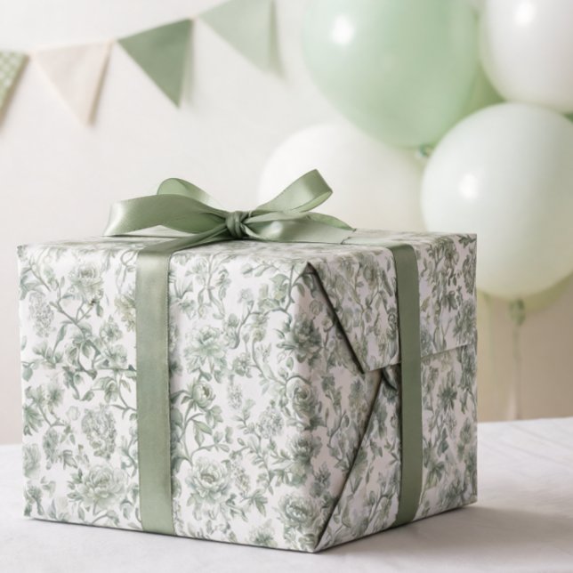 Salbeigrünes Blumen-Vintage-Toile-Muster Geschenkpapier (Von Creator hochgeladen)