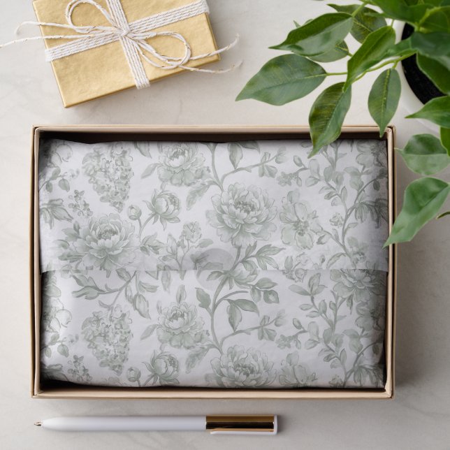Salbeigrünes Blumen-Vintage-Toile-Muster Seidenpapier (Geschenk)