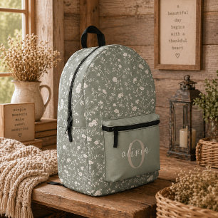 Salbeigrünes Blumenmuster, Farmhaus, Cottage-Core Bedruckter Rucksack