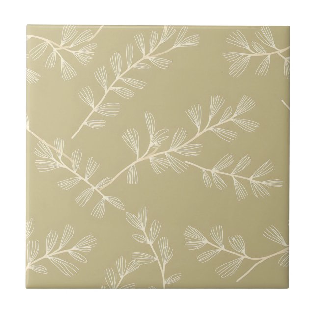 Salbeigrünes botanisches Muster Creme handgezeichn Fliese (Vorderseite)