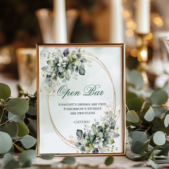 Salbeigrünes botanisches Open-Bar-Tischschild Poster (Sage Green Botanical Open Bar Tabletop Sign)