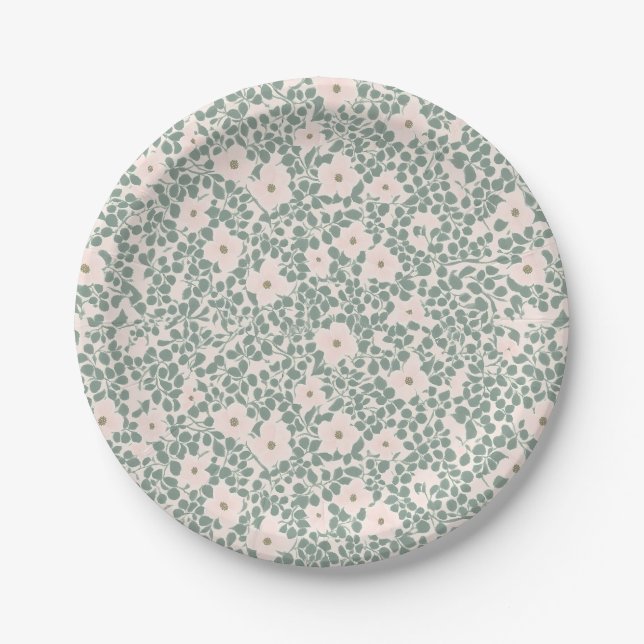 Salbeigrünes Ditsy-Blumenmuster Pappteller (Vorderseite)