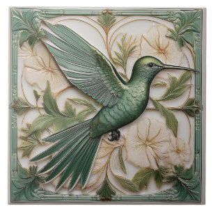 Salbeigrünes Faux-Relief Art Nouveau Kolibri R Fliese