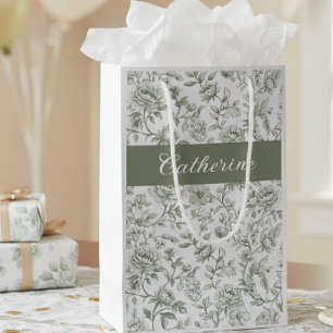 Salbeigrünes florales vintage Toile Monogramm Name Kleine Geschenktüte