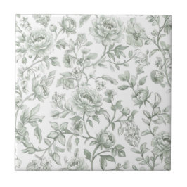 Salbeigrünes florales vintage Toile-Muster  Fliese