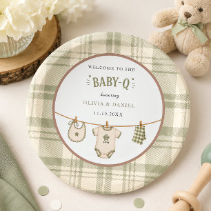 Salbeigrünes Gingham-Baby-Shower-Vintage-BBQ Pappteller