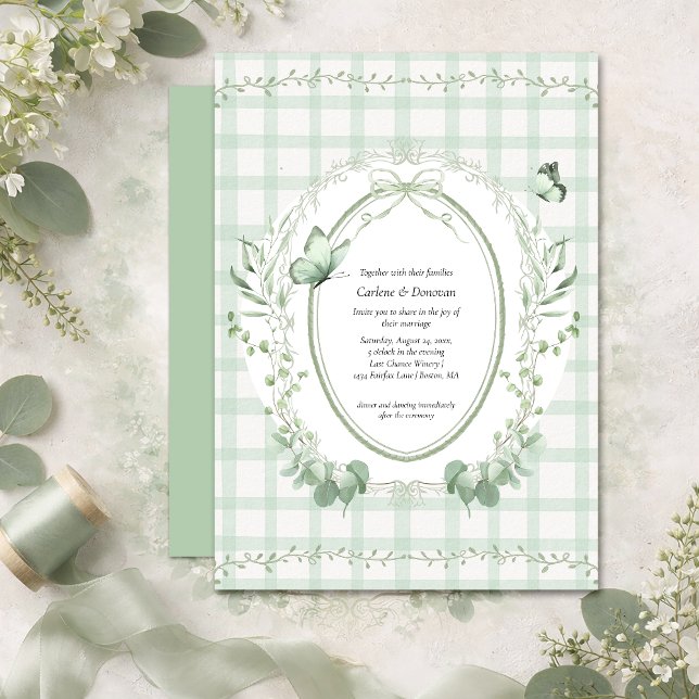 Salbeigrünes Gingham Botanical Hochzeit | Einladung (Von Creator hochgeladen)