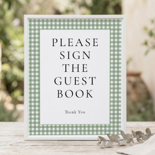 Salbeigrünes Gingham-Gästebuch-Baby-Shower-Schild Poster