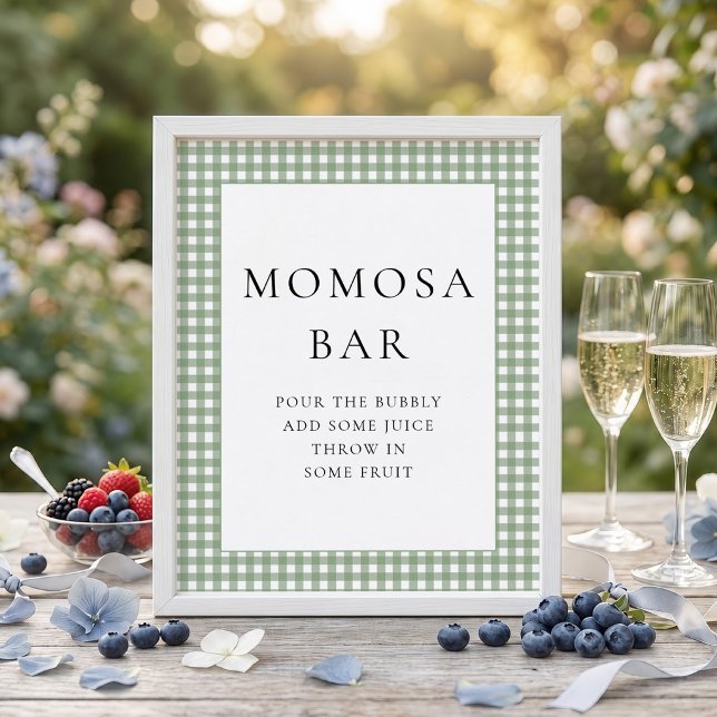 Salbeigrünes Gingham Momosa Bar Babyshower-Schild Poster (Von Creator hochgeladen)