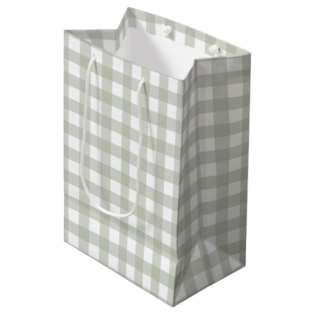Salbeigrünes Gingham-Muster Mittlere Geschenktüte (Vorderseite Schrägansicht)