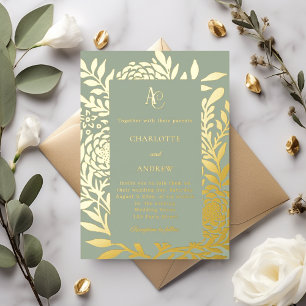 Salbeigrünes Gold-Botanik-Monogramm Luxus-Hochzeit Folieneinladung
