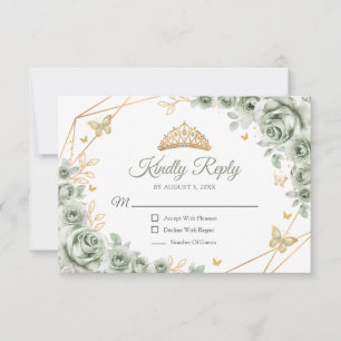 Salbeigrünes Gold Florales Quinceanera-Antwort RSVP Karte