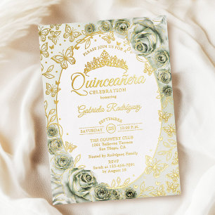 Salbeigrünes Gold Florales Quinceanera Folieneinladung