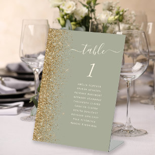Salbeigrünes Gold-Glitter-Hochzeitstisch-Nummernsc Sockelschild