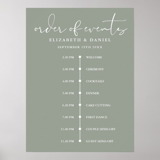 Salbeigrünes Hochzeitsablauf-Schild Poster (Vorne)