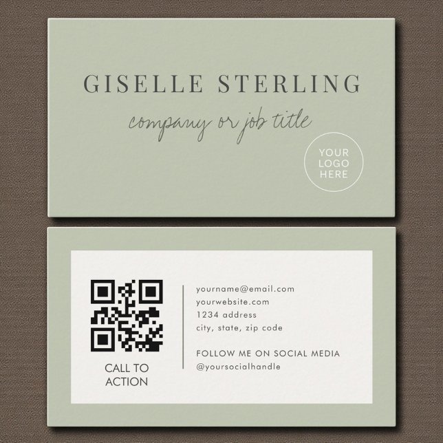 Salbeigrünes minimalistisches Firmenlogo QR Code Visitenkarte (Von Creator hochgeladen)