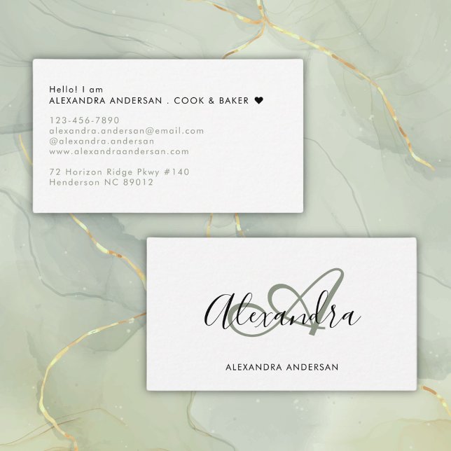 Salbeigrünes Monogramm Anfangsbuchstabe Skriptname Visitenkarte (Elegant Monogram Sage Green Black Script Name Business Card)