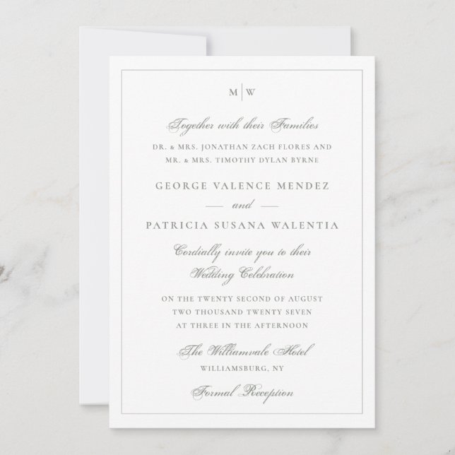 Salbeigrünes Monogramm Klassische Hochzeit Einladung (Vorderseite)