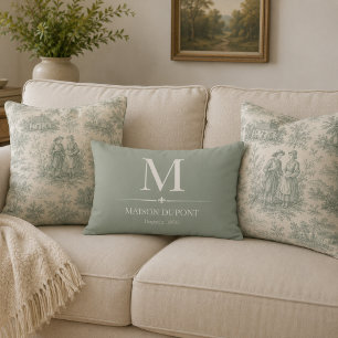 Salbeigrünes Monogramm Vintage Französisches Landh Dekokissen