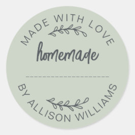 Salbeigrünes Skript, hergestellt mit Liebe, selbst Runder Aufkleber
