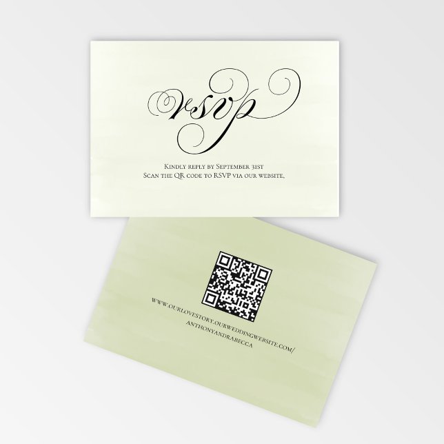 Salbeigrünes Skript QR-Code Hochzeits-RSVP Antwort (Sage green script RSVP card with QR code for quick and easy wedding replies)