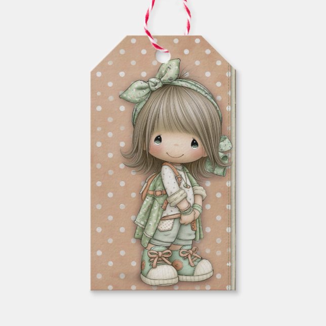 Salbeigrünes Softbeige Vintage Mädchen mit großen  Geschenkanhänger (Vorderseite)